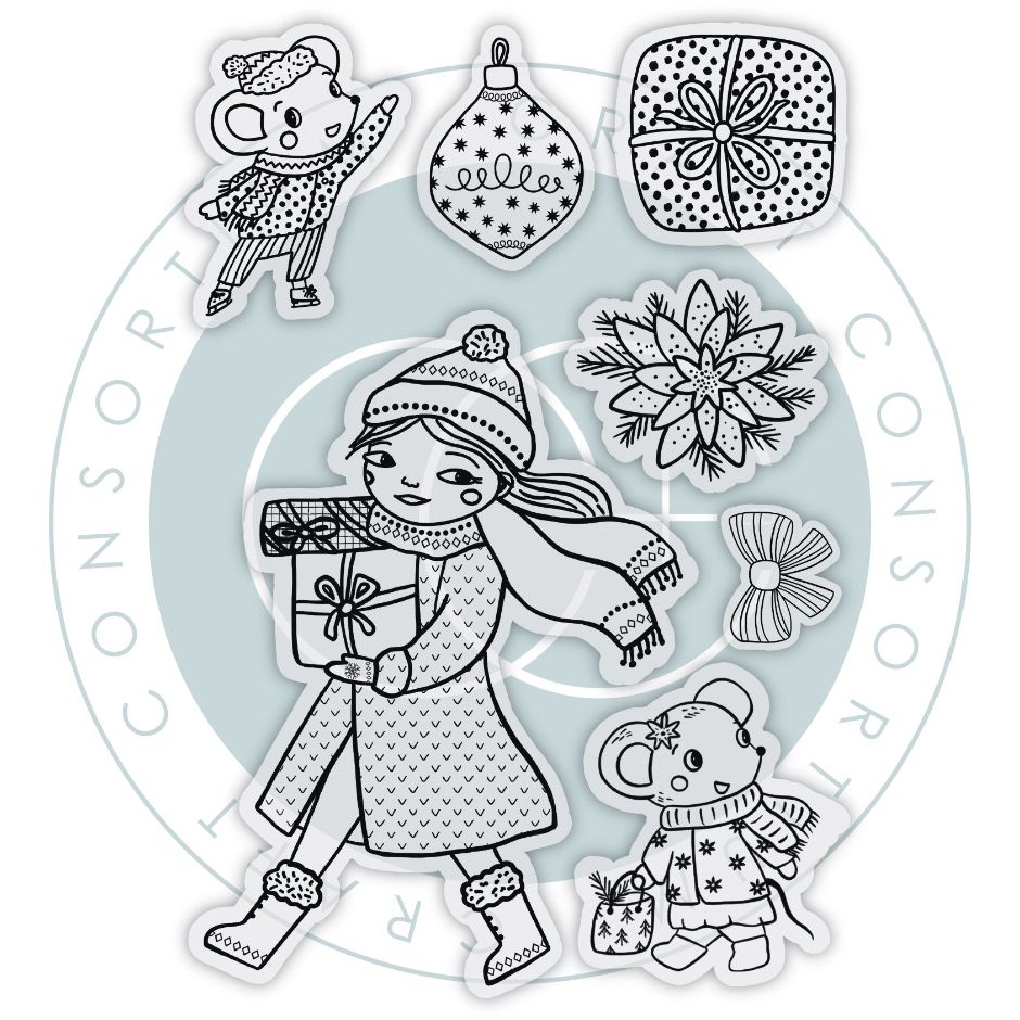 Craft Consortium Olivia's Christmas Tale Presents Clear Stamps ccstmp105 contents inside package