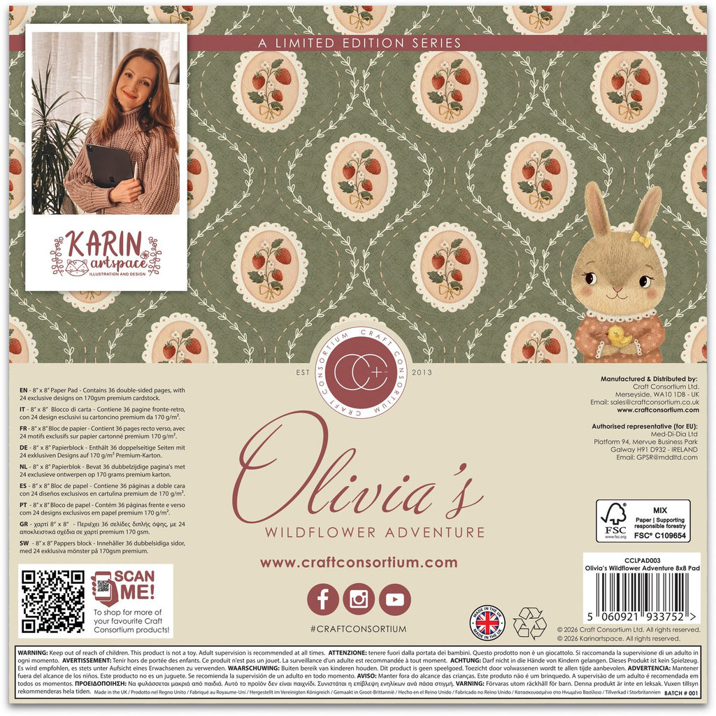 Craft Consortium Olivia's Wildflower Adventures 8 x 8 inch Paper Pad cclpad003 back of paper pad