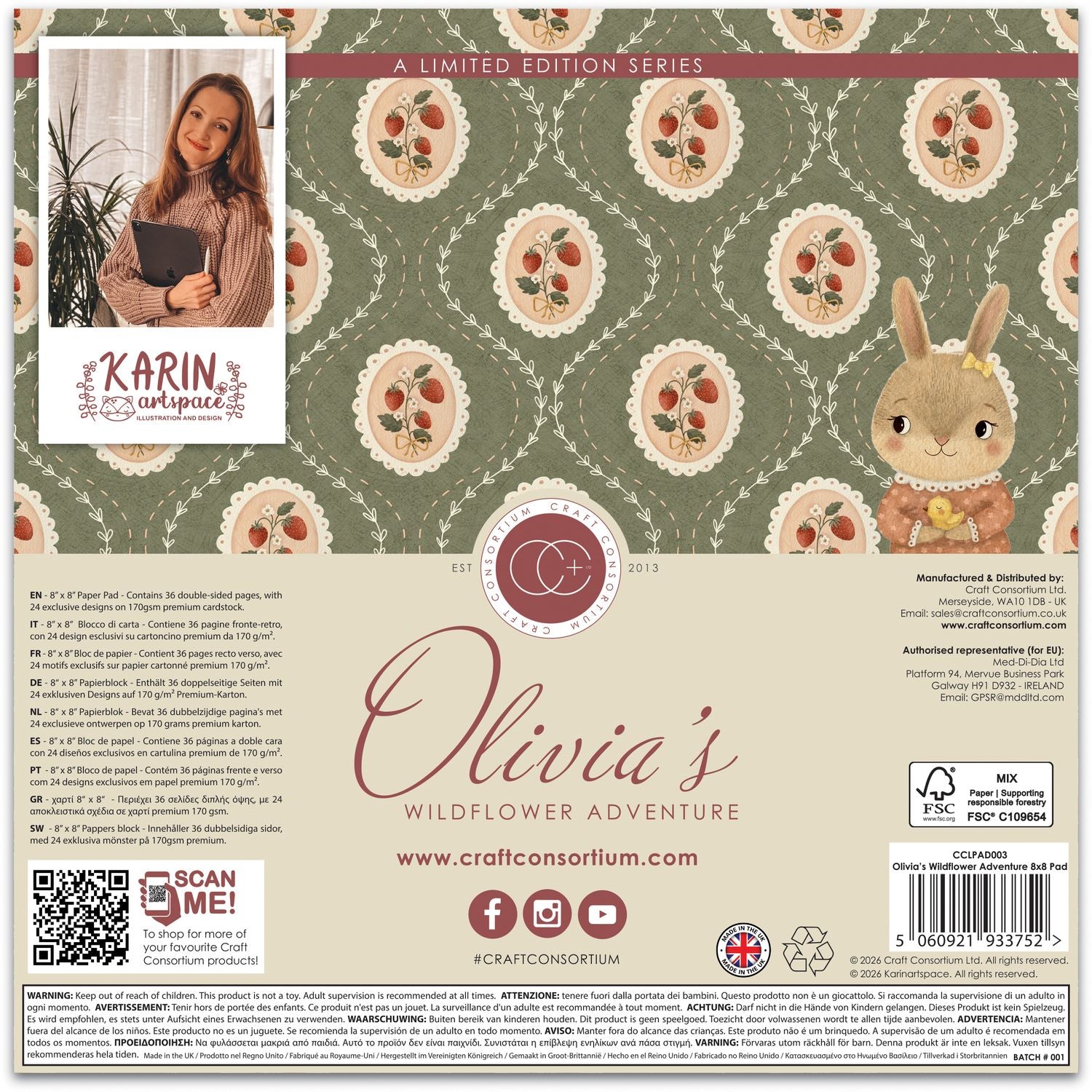 Craft Consortium Olivia's Wildflower Adventures 8 x 8 inch Paper Pad cclpad003 back of paper pad