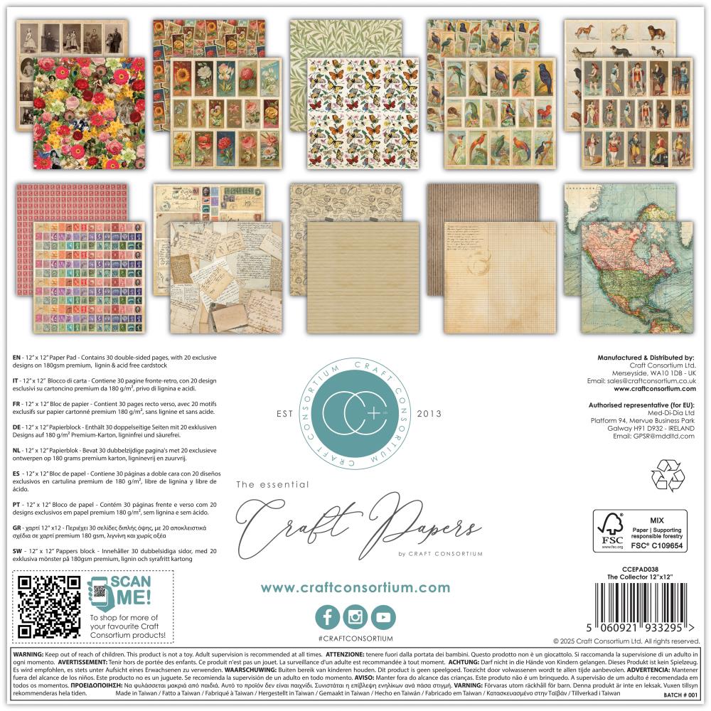 Craft Consortium The Collector 12 x 12 inch Premium Paper Pad ccepad038 back of paper pad
