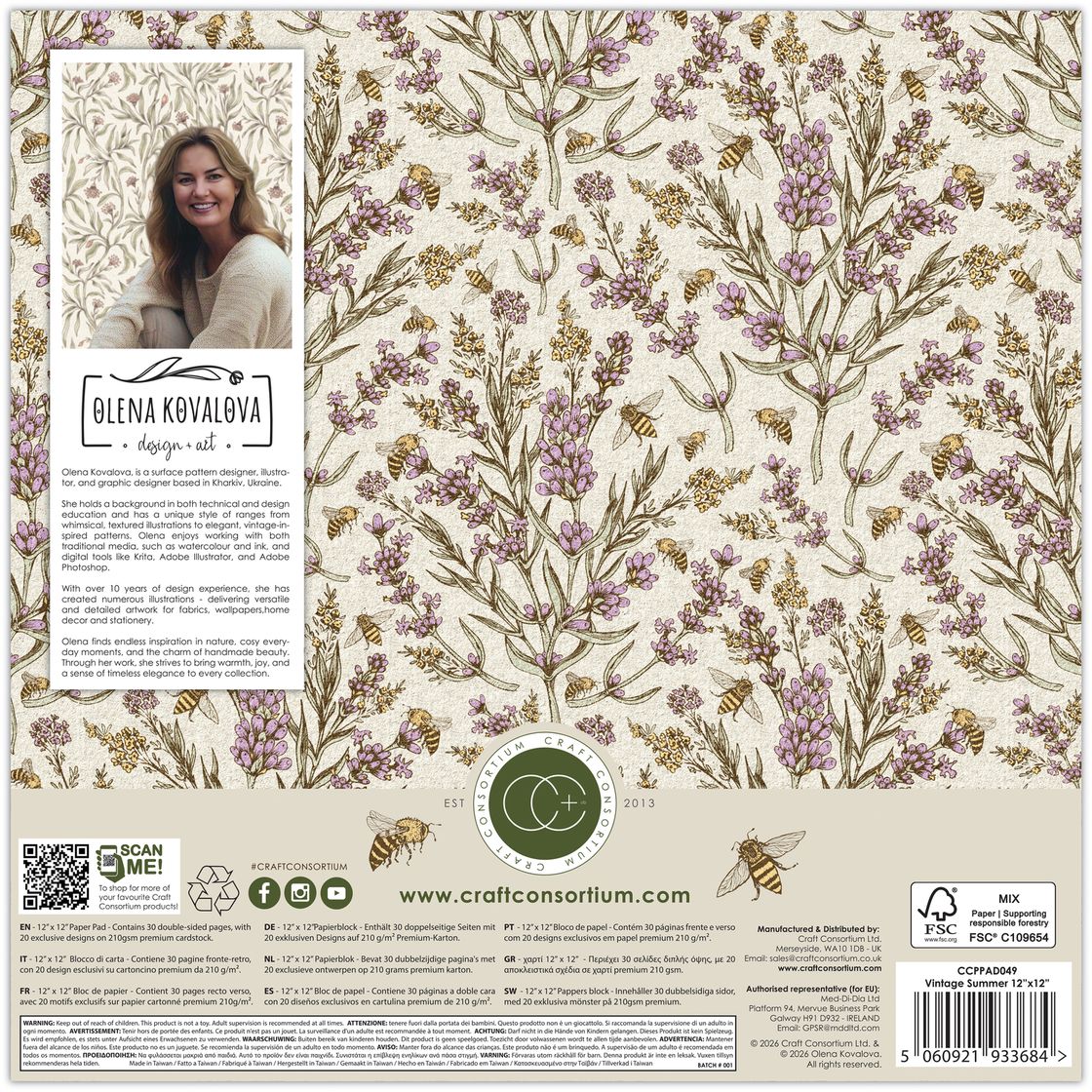 Craft Consortium Vintage Summer 12 x 12 Paper Pack ccpad049 back of package