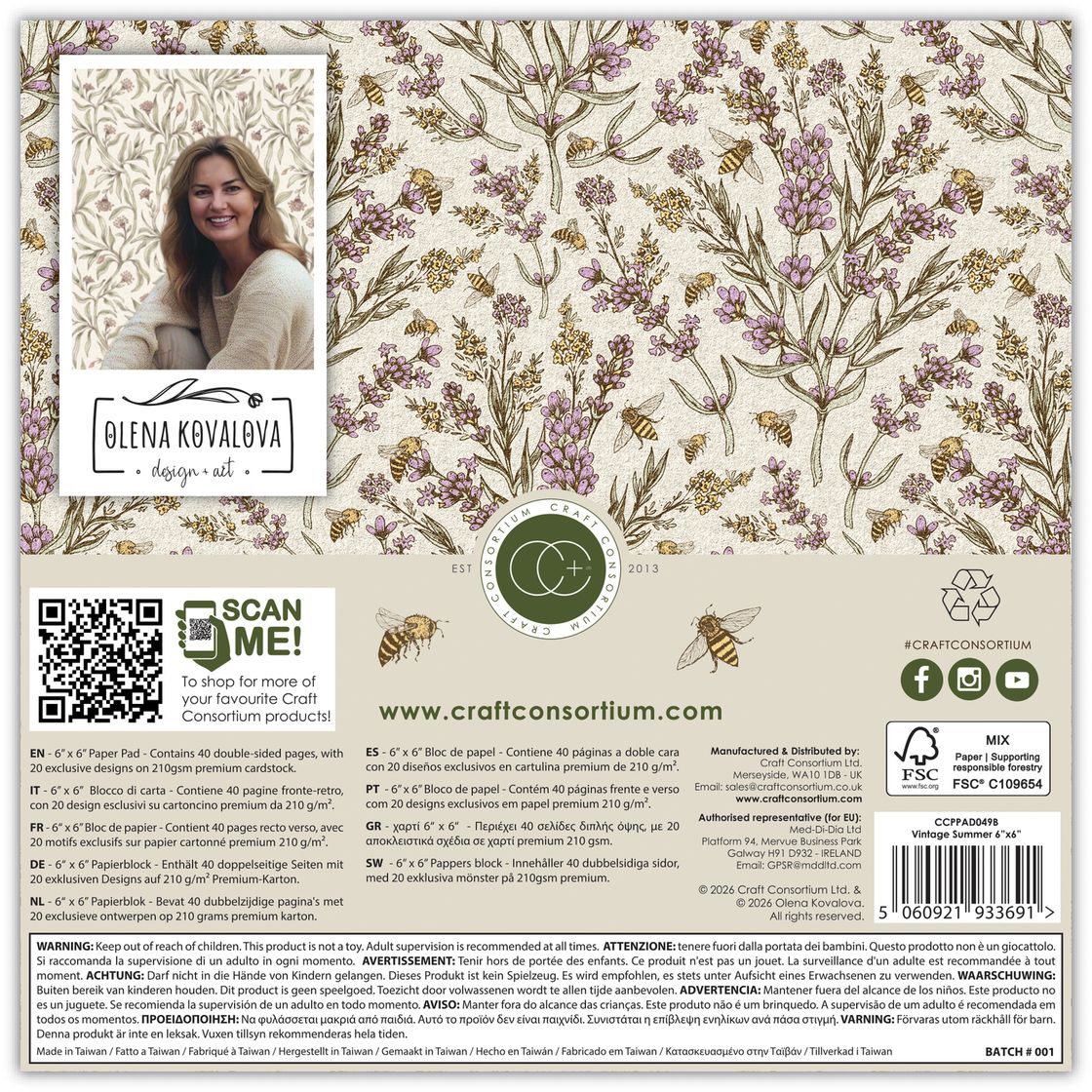 Craft Consortium Vintage Summer 6 x 6 inch Paper Pack ccppad049b back of package