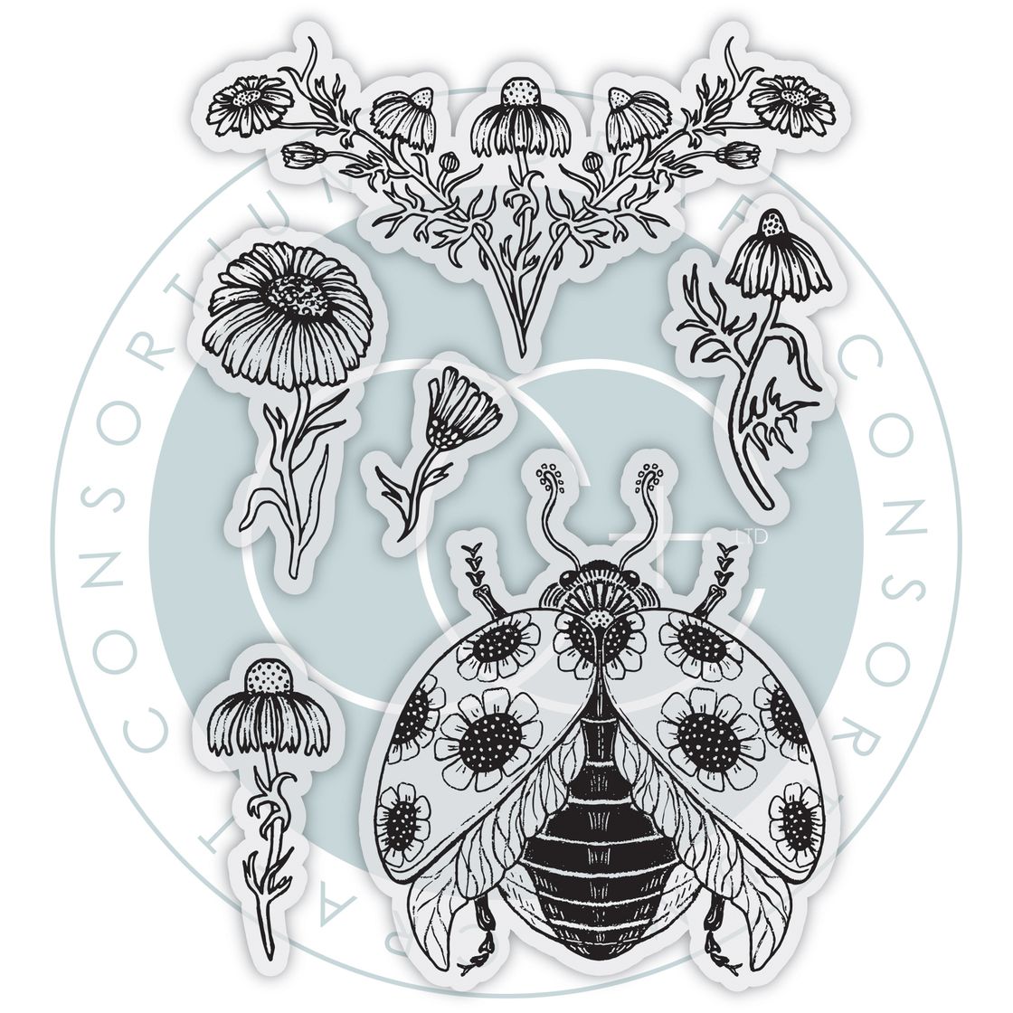 Craft Consortium Vintage Summer Ladybug and Daisy Clear Stamps ccstmp102 contents inside package