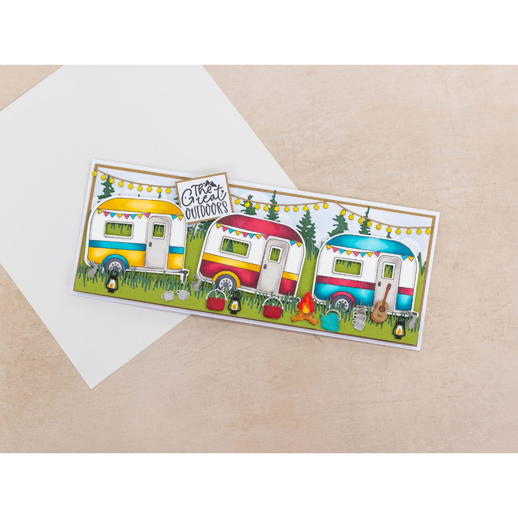 Crafter's Companion Adventure Awaits Stamps And Die Set cc-tgo-std-adaw Camping Trailers Card