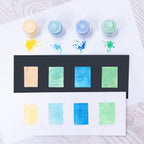 Crafter's Companion Aqua Shimmer Illusion Powders cc-ilp-aqsh Jars and Swatches on Black and White Cardstock