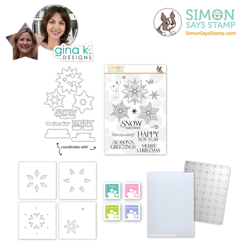 Simon Says Stamp Gina K Designs Christmas Star Flakes in July Stamps Dies Stencils Embossing Folder and Ink