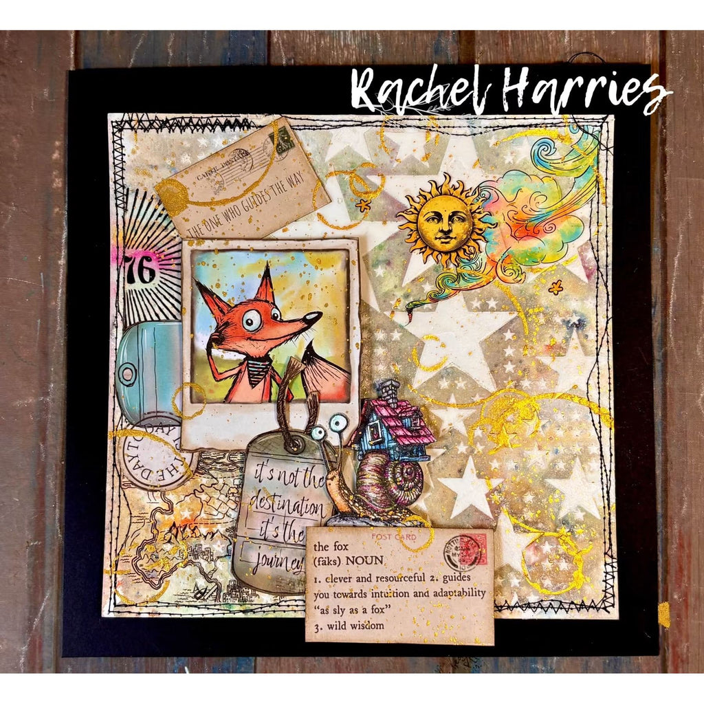 Creative Ember Designs The Travellers 8x8 Art Journal Paper cedtj001 Rachel Harris fox tag snail sun scrapbook page