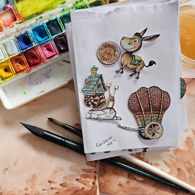 Creative Ember Designs Travellers Friends A6 Ephemera Die Cuts cedep002 watercolor donkey wagon snail sample