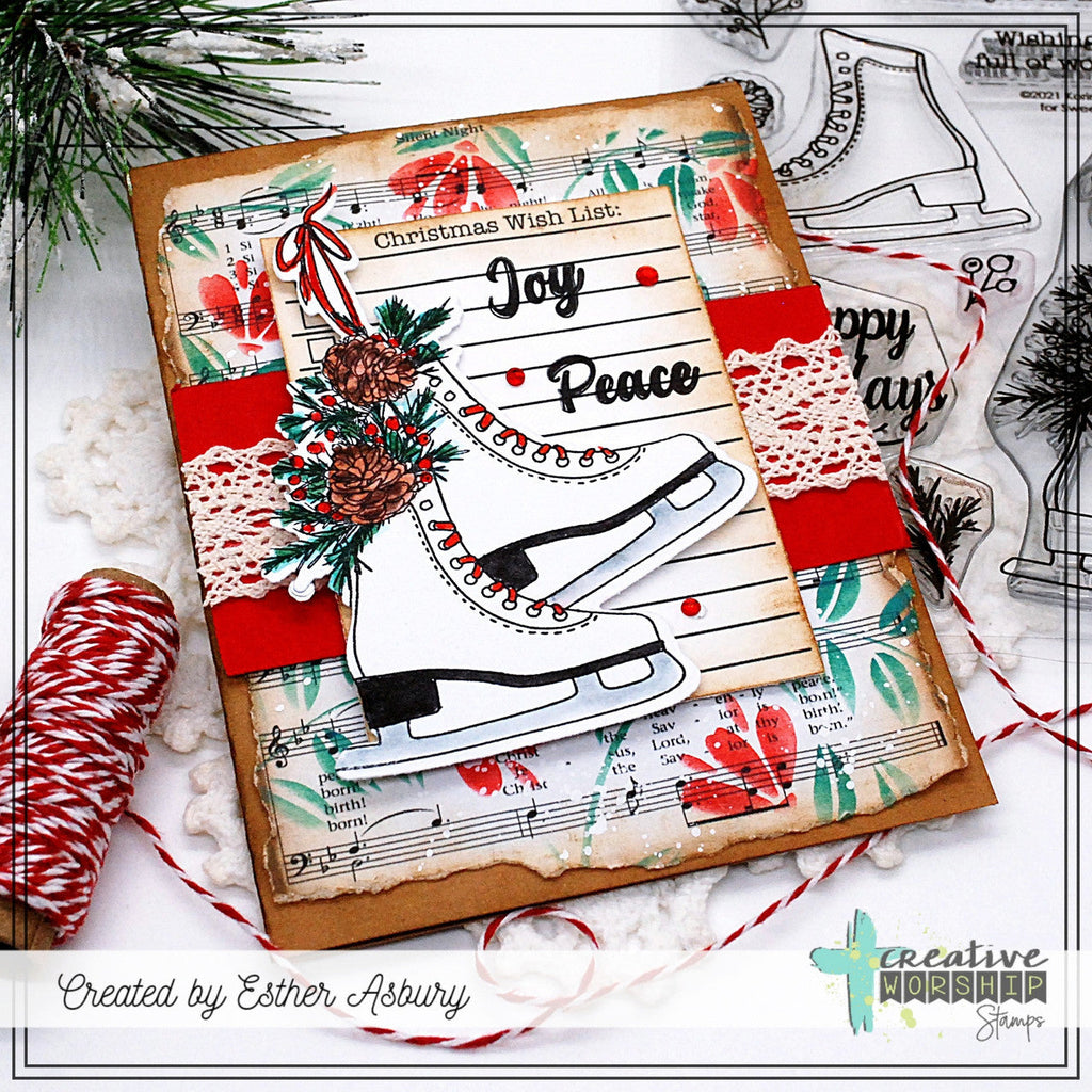 Creative Worship Christmas Wish List Clear Stamp cws-24-031 Ice Skates Joy and Peace