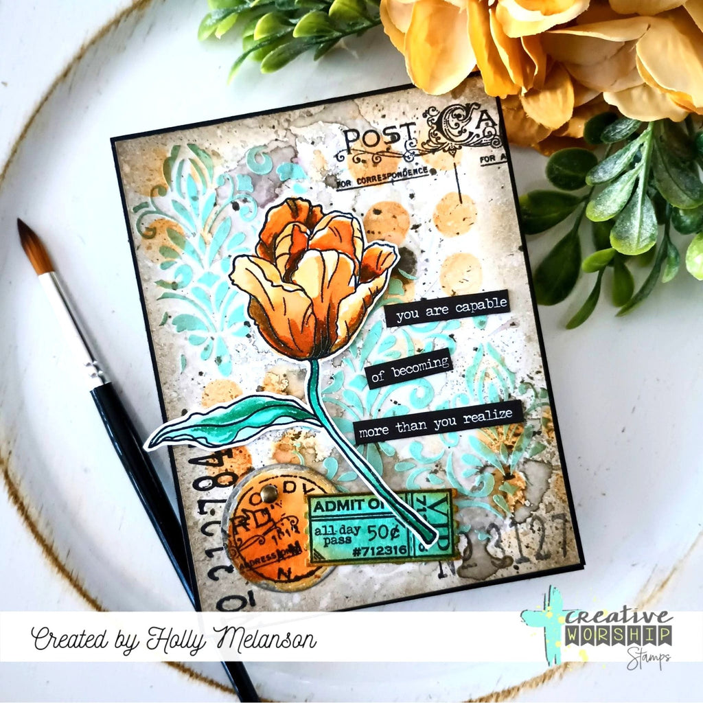 Creative Worship Damask Pattern Stencil cws-st-26-001 Holly Melanson Flower Card