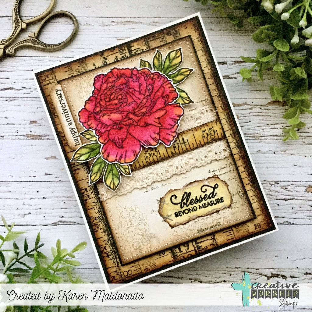 Creative Worship Encouraging Peonies Clear Stamps sns-20-040 Blessed beyond measure peony card by Karen Maldonado