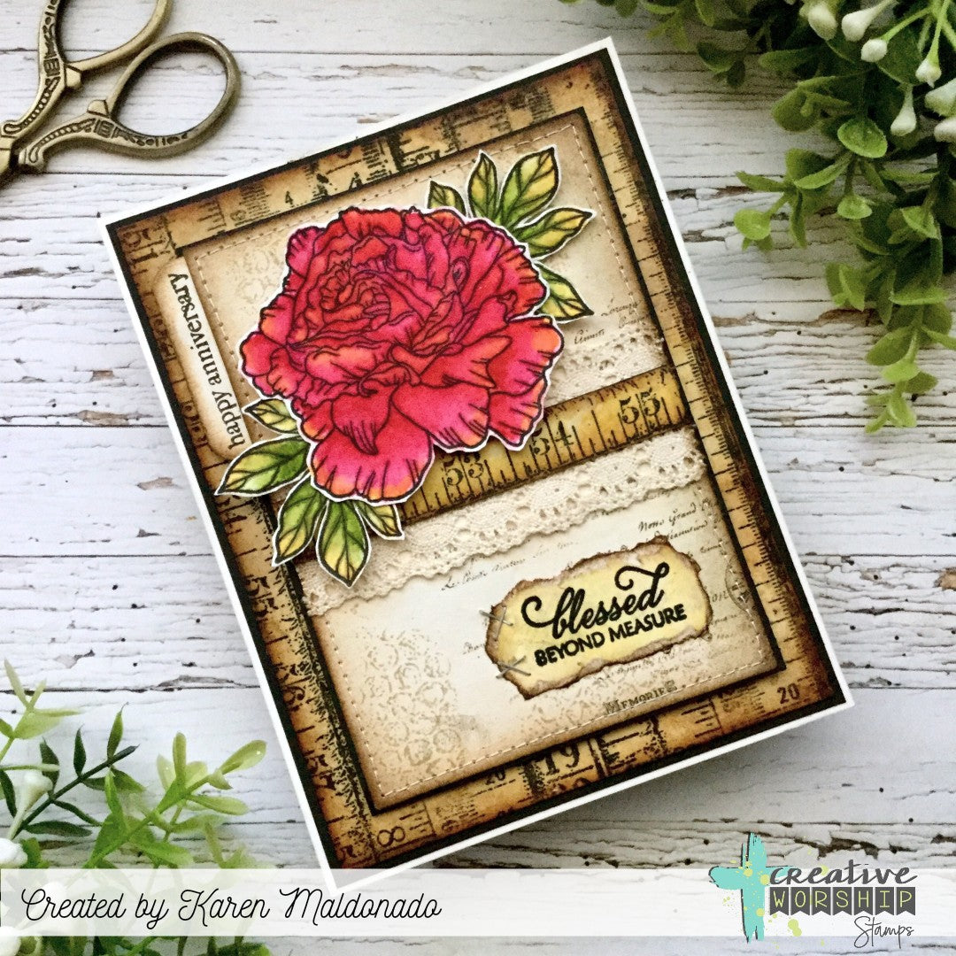 Creative Worship Encouraging Peonies Clear Stamps sns-20-040 Blessed beyond measure peony card by Karen Maldonado