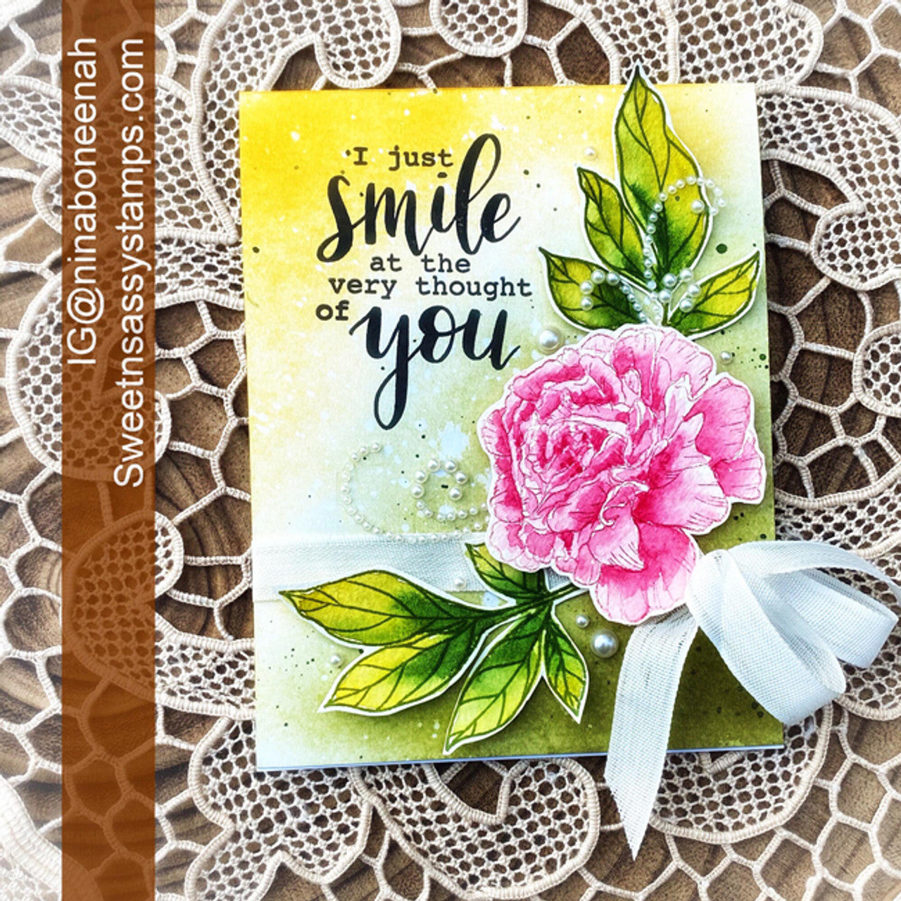 Creative Worship Encouraging Peonies Clear Stamps sns-20-040 I just smile at the very thought of you peony card by Nina