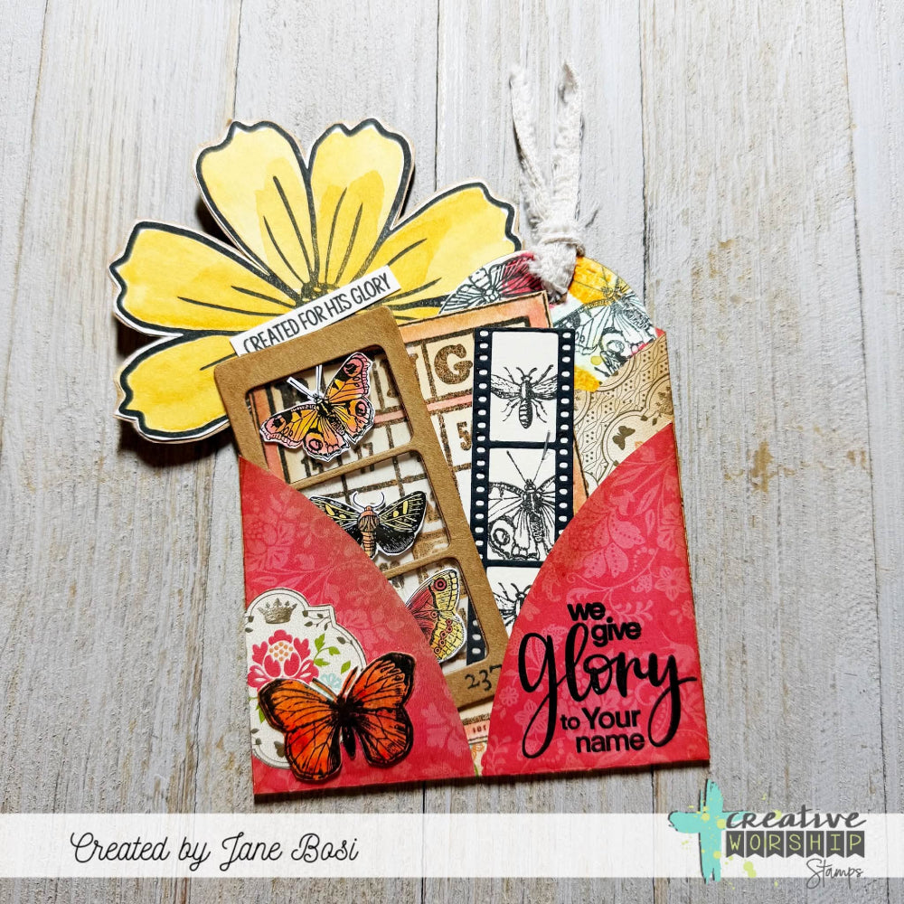 Creative Worship Entomology Elements Clear Stamps And Dies Bundle Jane Basi Created for His Glory Bingo Card and Filmstrip ephemera pieces in folder