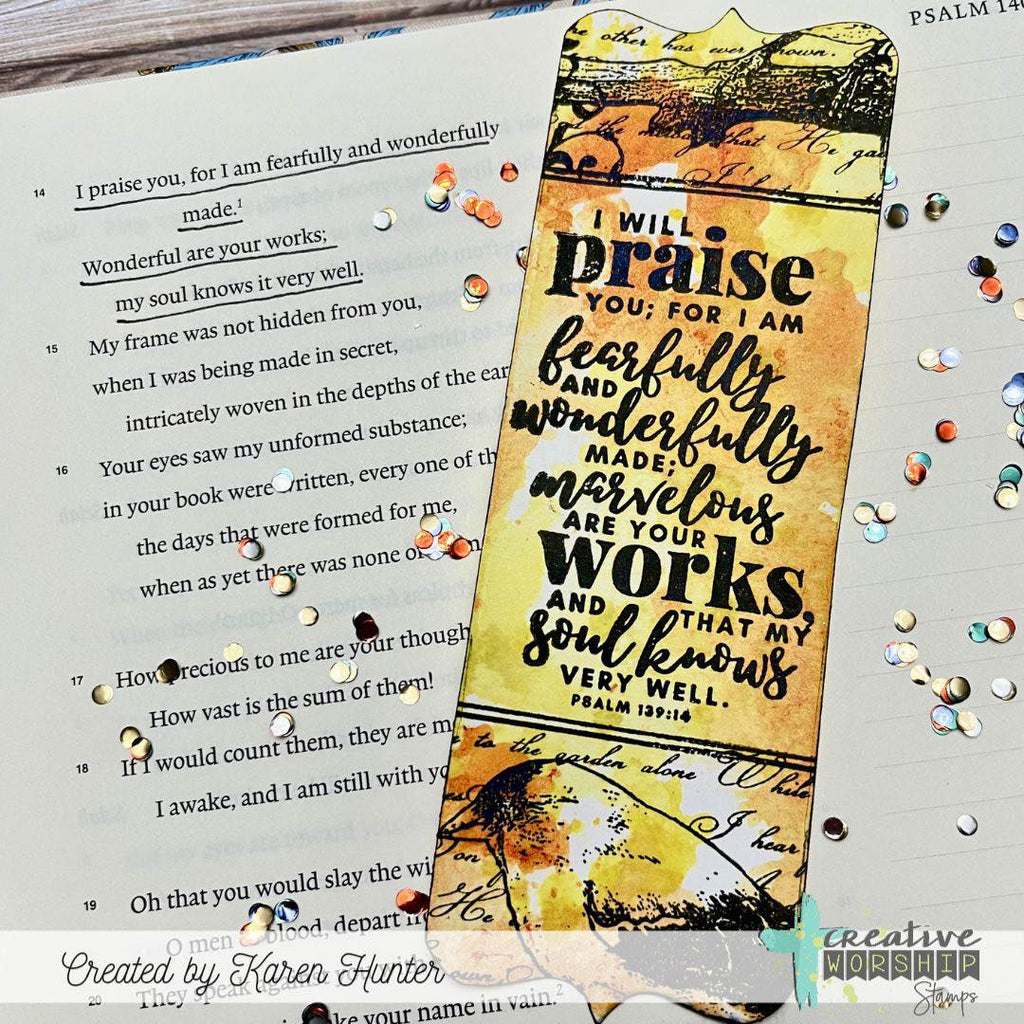 Creative Worship Finch Collage Clear Stamp cws-26-008 Karen Hunter Bookmark with bird and script writing
