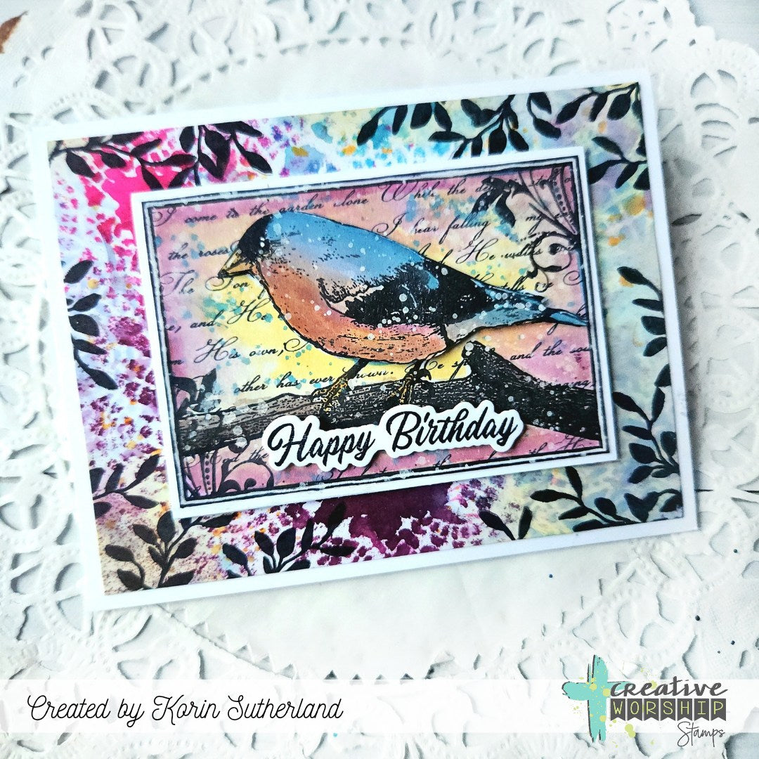 Creative Worship Finch Collage Clear Stamp cws-26-008 Korin Sutherland Happy Birthday Bird Card
