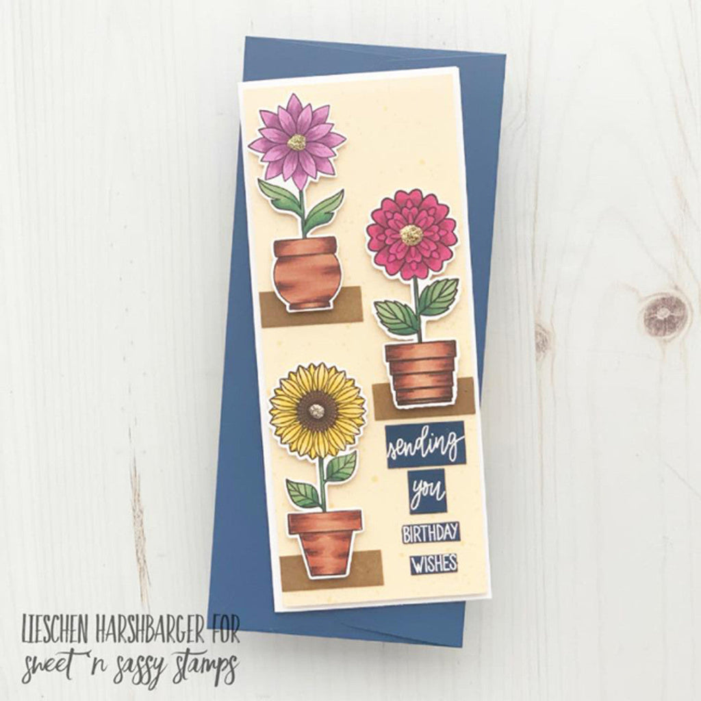 Creative Worship Pretty Potted Florals Clear Stamps And Dies Sending Birthday Wishes Card