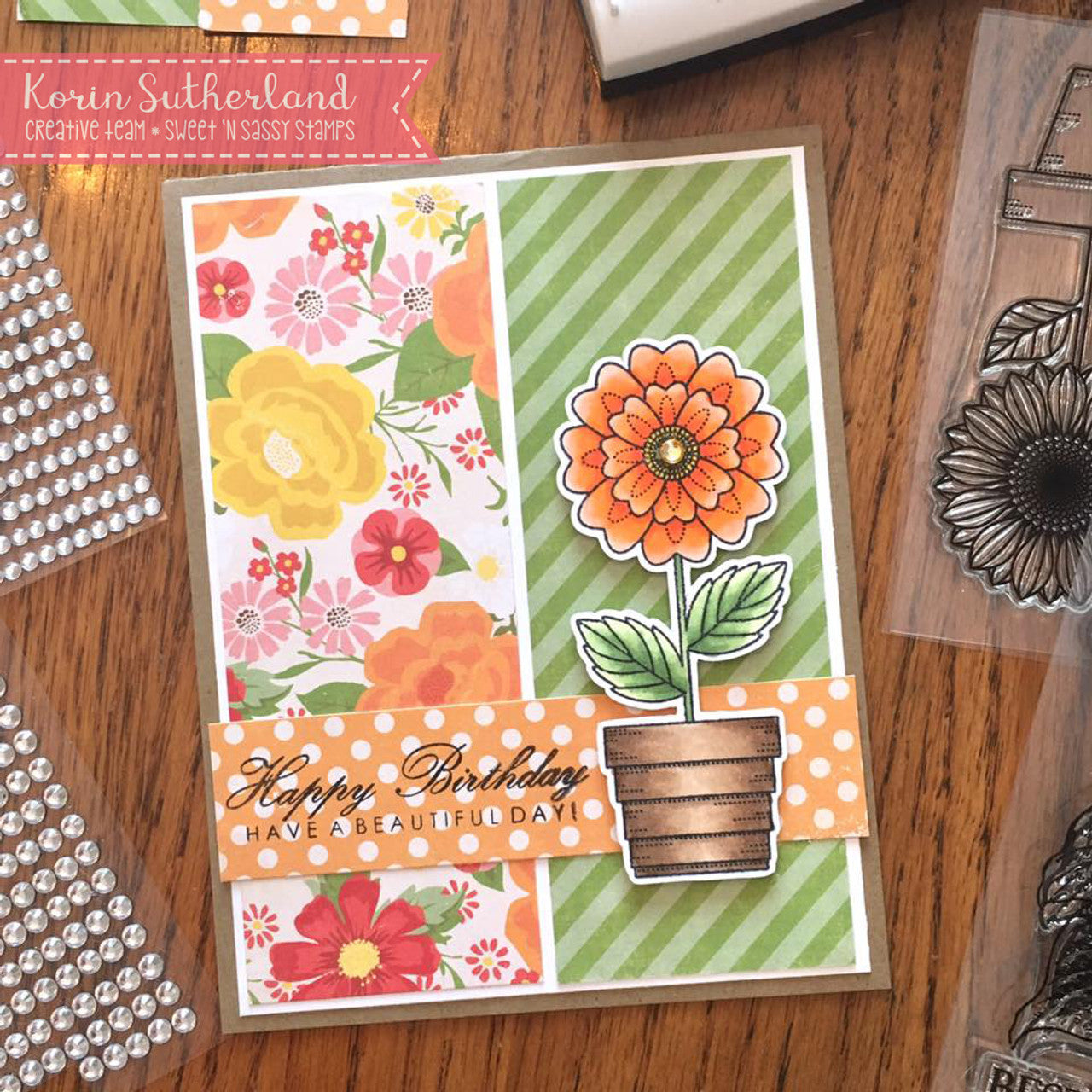 Creative Worship Pretty Potted Florals Dies cwsd-273 Korin Sutherland Happy Birthday Card