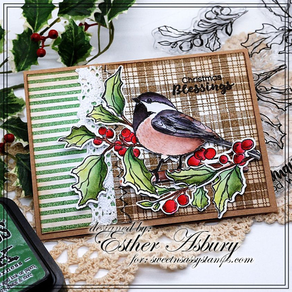 Creative Worship Singing Praises Clear Stamp Set nb-sns-19-037 Esther Asbury Bird and Holly Christmas Blessings card