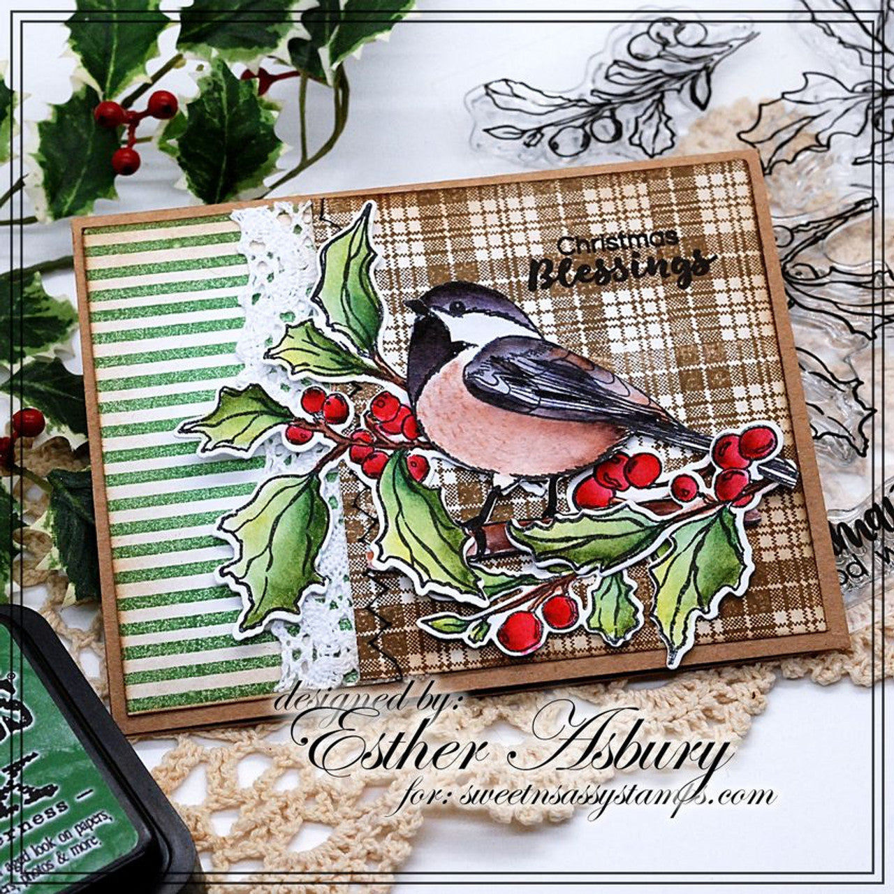 Creative Worship Singing Praises Clear Stamp Set nb-sns-19-037 Esther Asbury Bird and Holly Christmas Blessings card