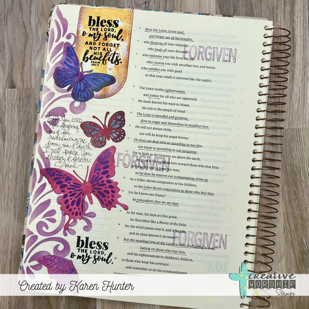 Creative Worship Single Damask Stencil cws-st-26-002 Karen Hunter Butterflies and Damask Bible Journaling Page