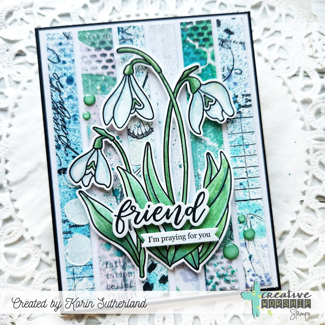 Creative Worship Snowdrops Clear Stamps And Dies Bundle I'm Praying For You Card
