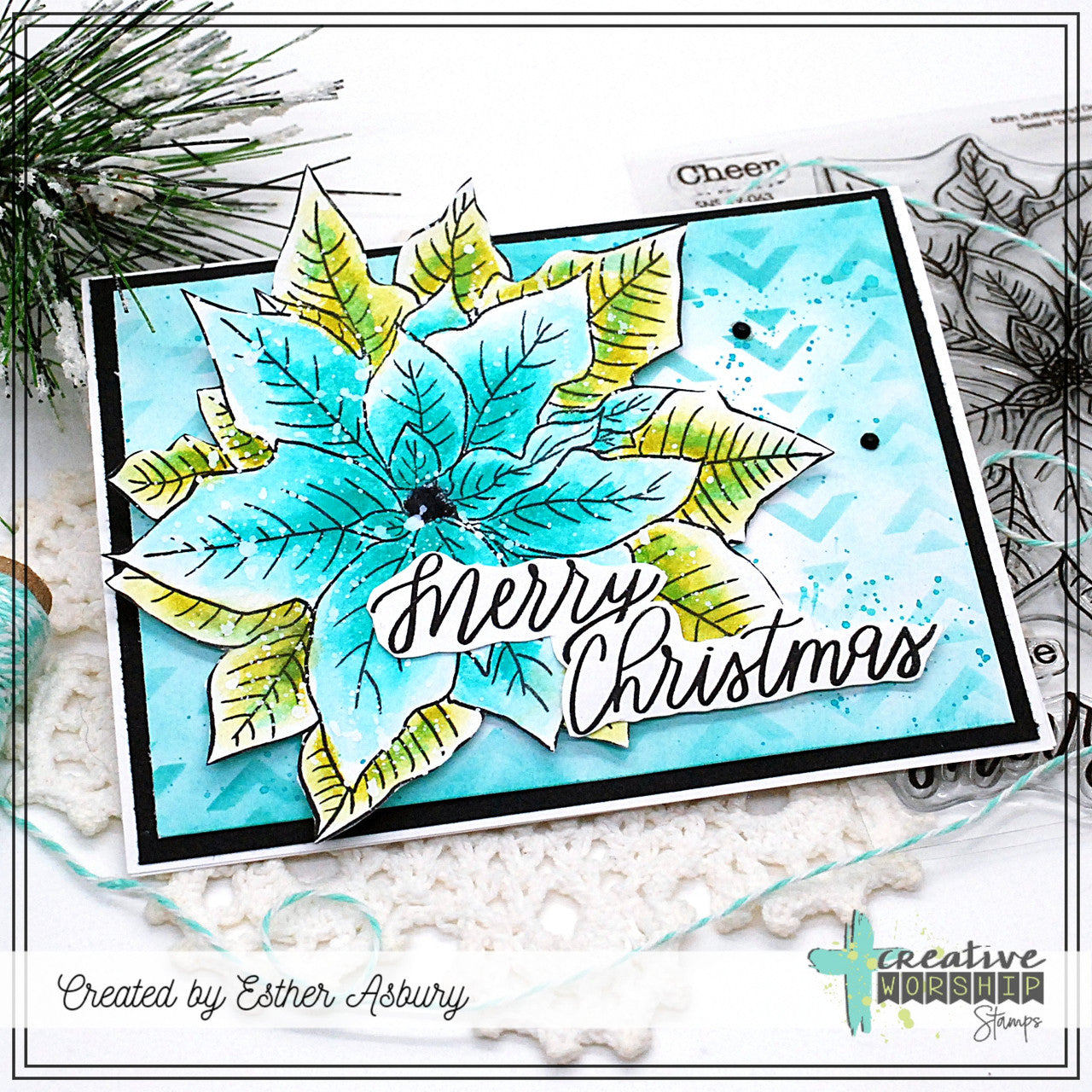 Creative Worship Stacked Arrows Stencil cws-st-24-07 Blue Poinsettia Card