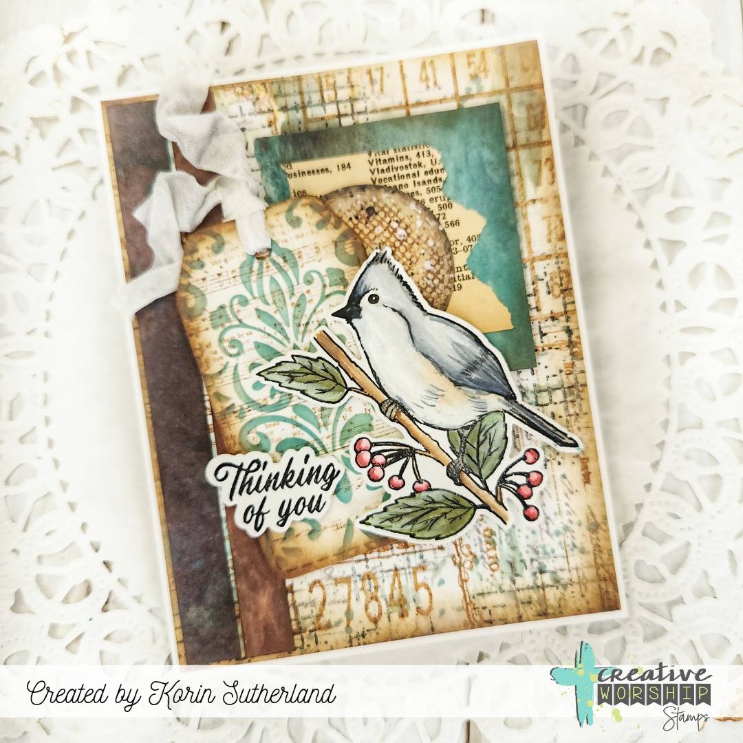 Creative Worship Stitched Tags Dies cwsd-26-003 Thinking of You Korin Sutherland Bird on a branch card