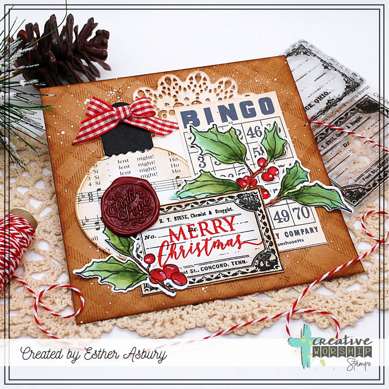 Creative Worship Vintage Elements Clear Stamps cws-24-039 Esther Asbury Merry Christmas Card