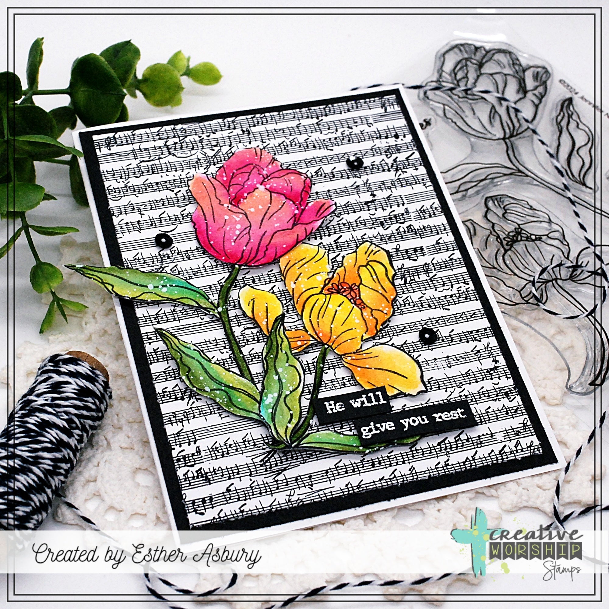 Creative Worship Vintage Sheet Music Tile Clear Stamp cws-25-017 He Will Give You Rest Card