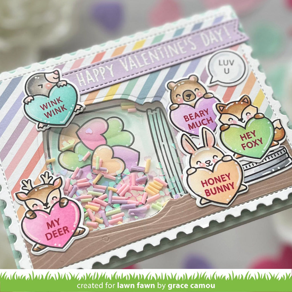 Valentine's Day card with cute animal characters and colorful text