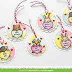 Decorative tags with animal illustrations and heart-shaped messages on a white background.