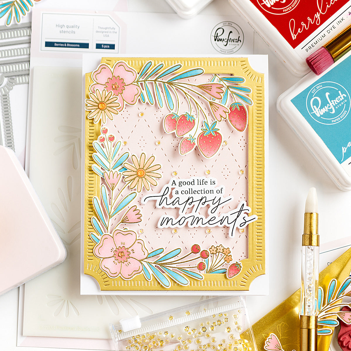 Pinkfresh Studio Clear With Gold Dust Gems pf154es Happy Moments Card