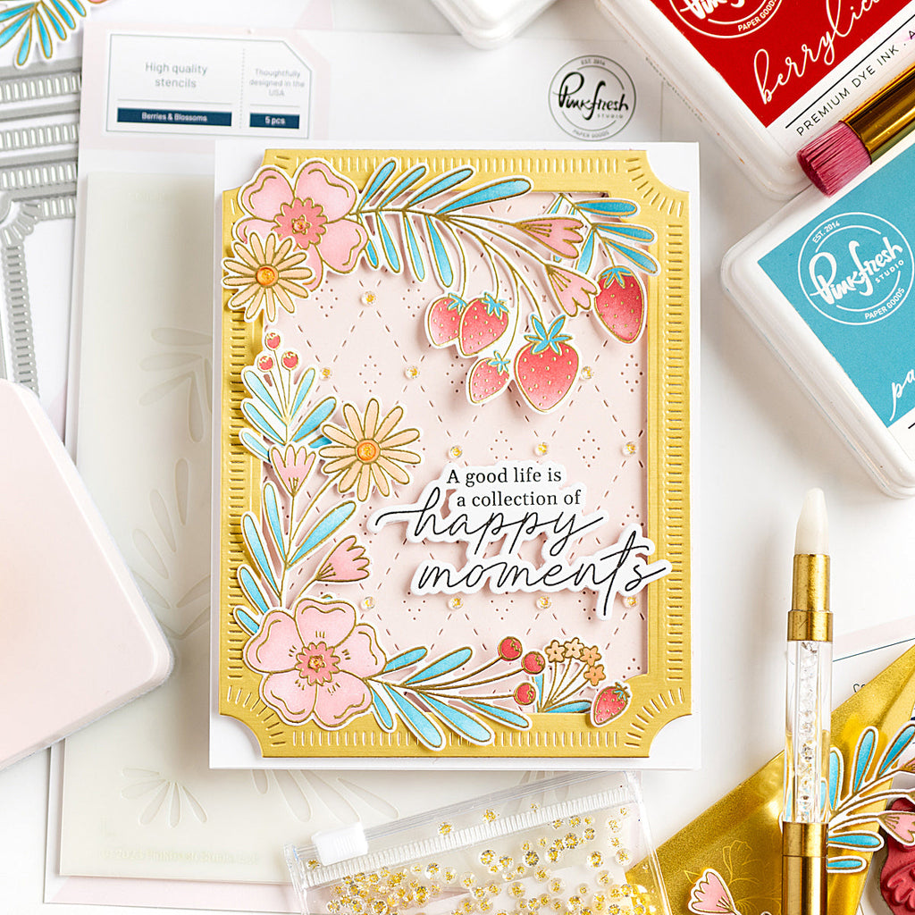 Pinkfresh Studio Berries And Blossoms Stencils 220124 Happy Moments Card