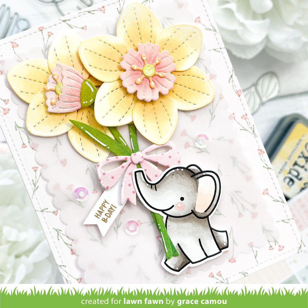 Lawn Fawn Set Elephant Parade Add-On Clear Stamps and Dies lfepao birthday flowers card