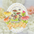 Decorative card with cartoon mice, flowers, and the text 'I'm glad we're friends' on a blurred floral background.