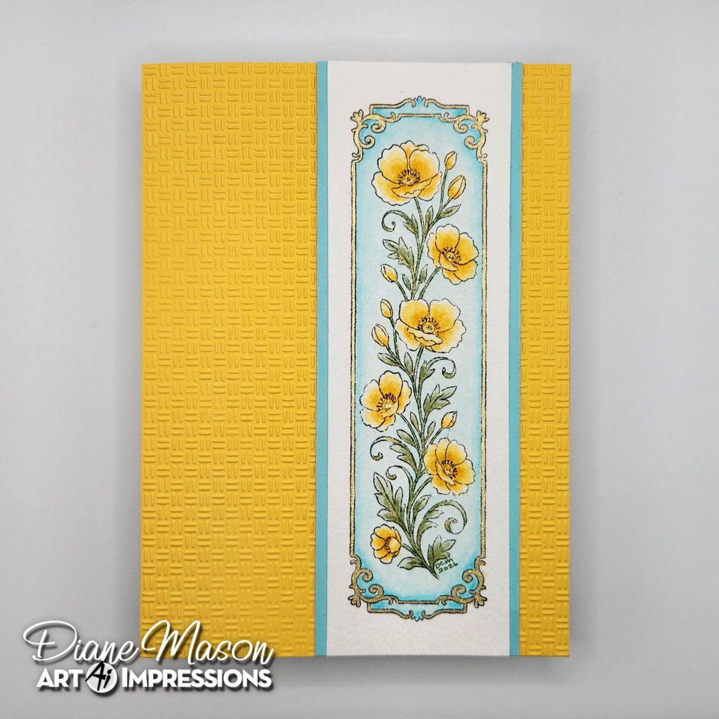 Decorative card with floral design and textured yellow and blue border