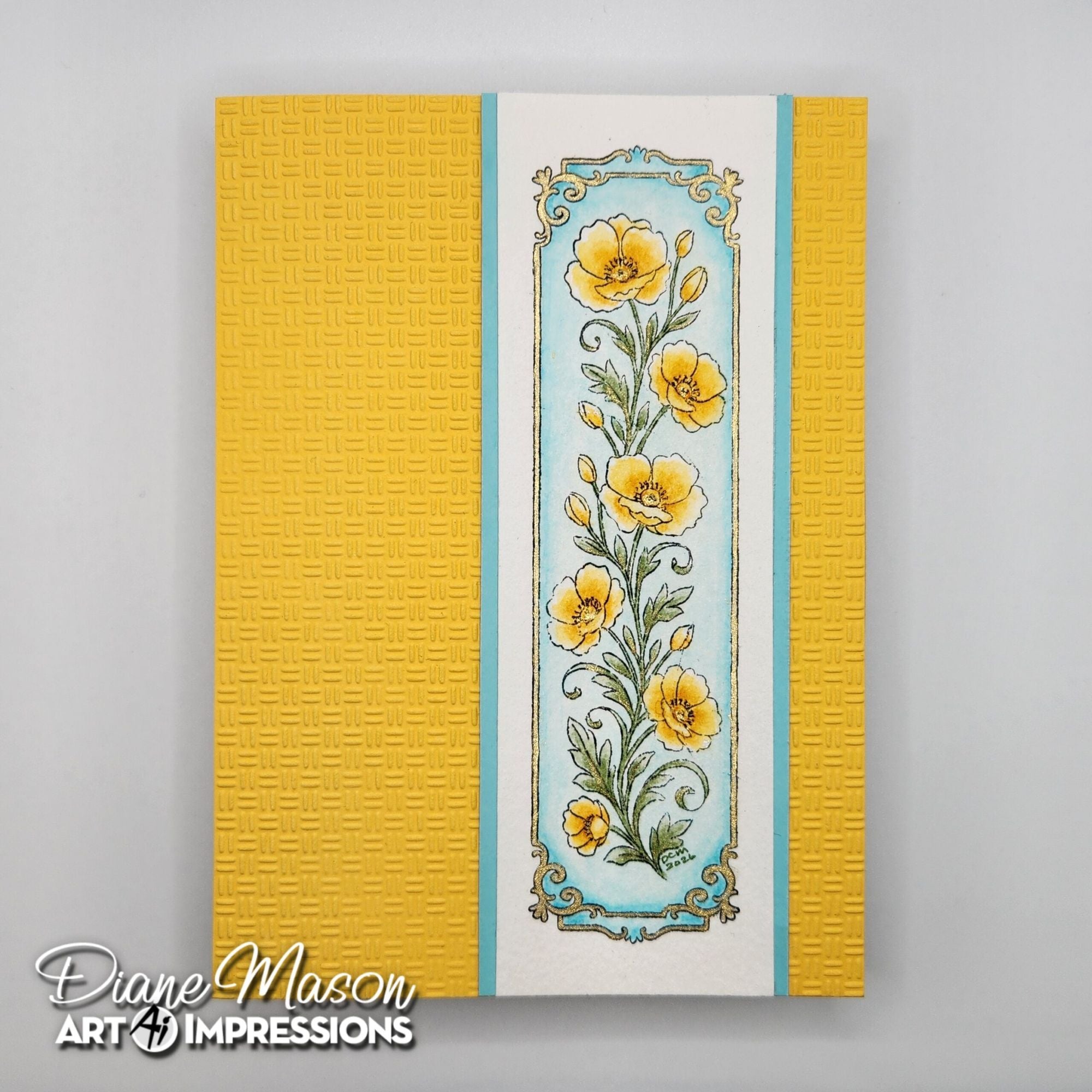 Decorative card with floral design and textured yellow and blue border