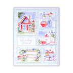 Decorative greeting card with illustrations of a house, flowers, teacups, and cake on a white background. Including sentiment 'To a Dear Friend'