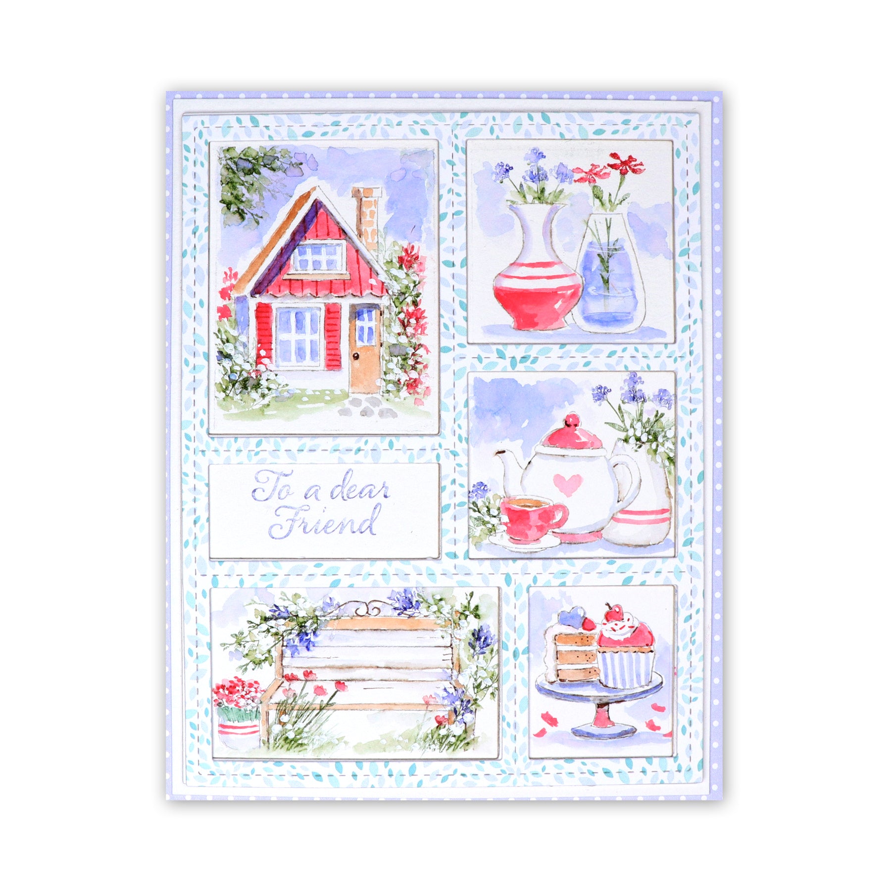 Decorative greeting card with illustrations of a house, flowers, teacups, and cake on a white background. Including sentiment 'To a Dear Friend'
