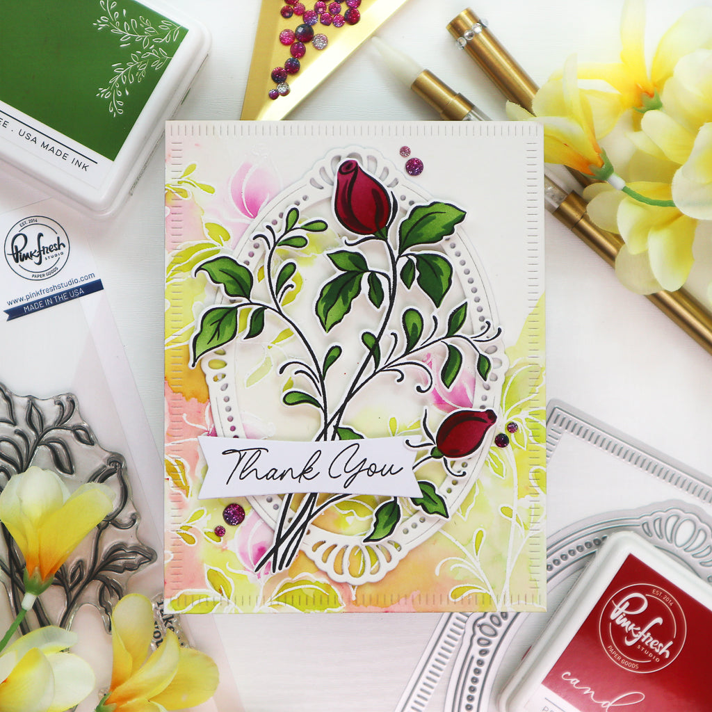 PinkFresh Studio Delicate Rosebuds Stencil Set 207523 Brightly Colored Floral Thank You Card | color-code:ALT01