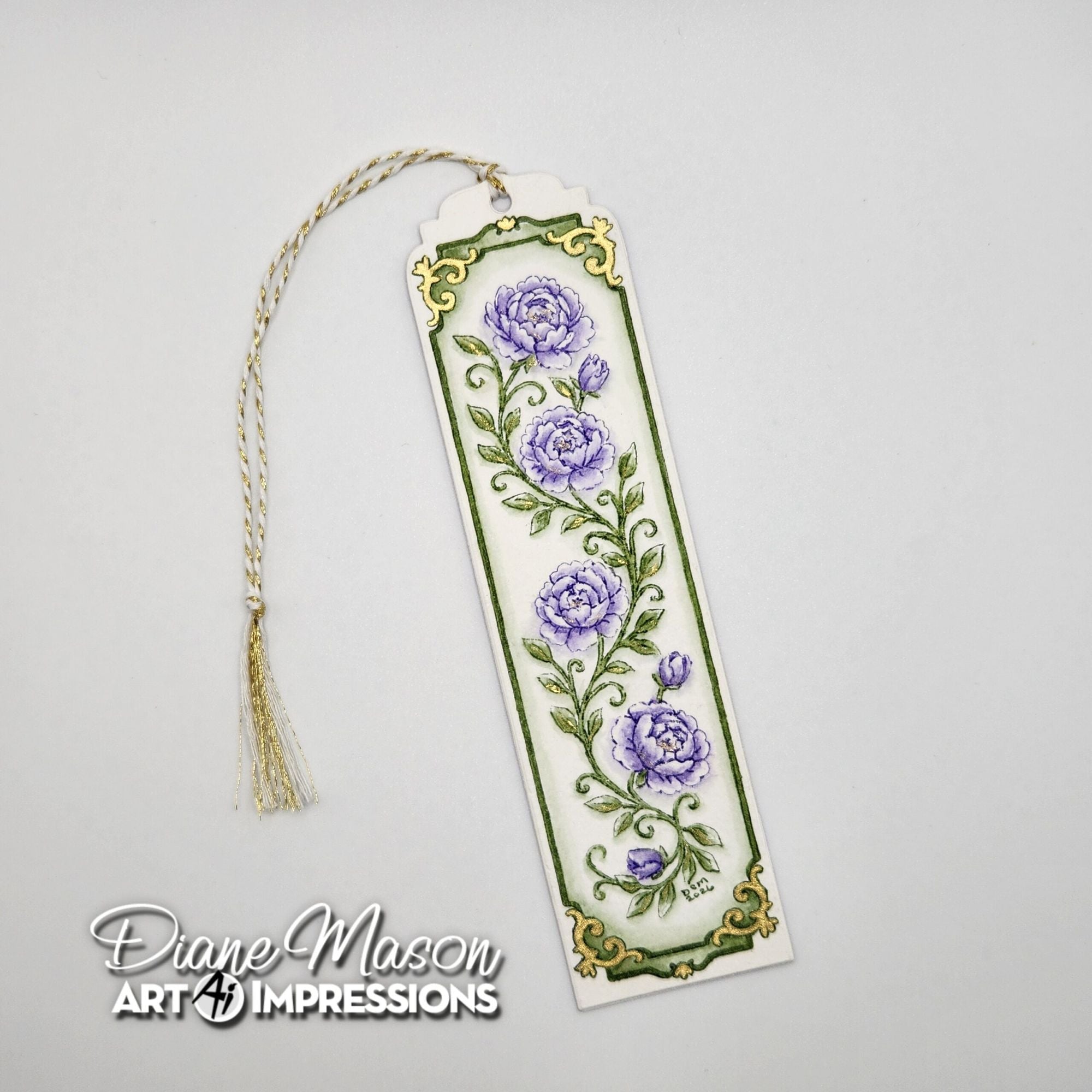 Detailed bookmark with purple peonies