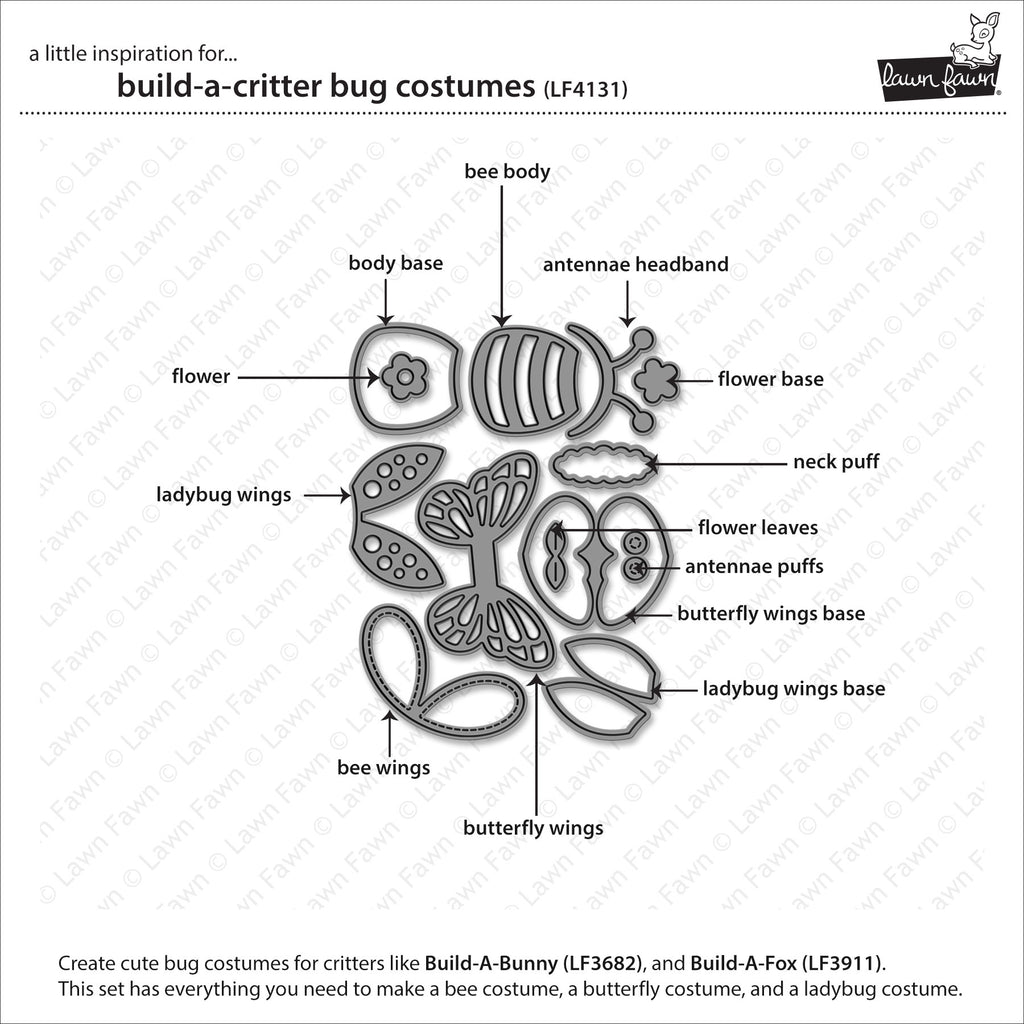 Diagram of a build-a-critter bug costume with labeled parts on a white background.