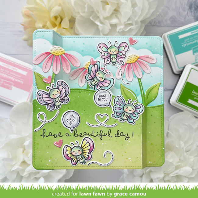 Dimensional Card with Butterflies, Flowers and Sentiments 'hugs to you', 'you're so fly', and 'have a beautiful day'