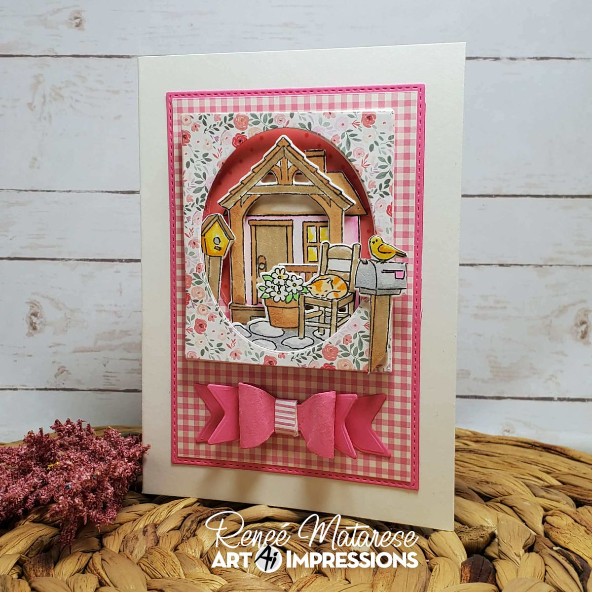 Dimensional Scene Card with Pink Gingham Background and featuring house flowers bird and cat