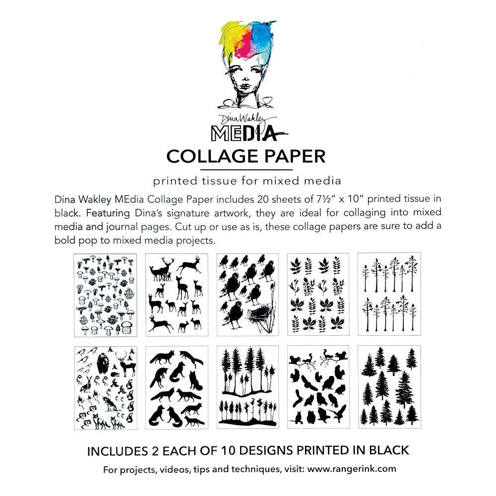 Dina Wakley Ranger The Forest Collage Paper mda85973 Back of Package Showing Each Sheet