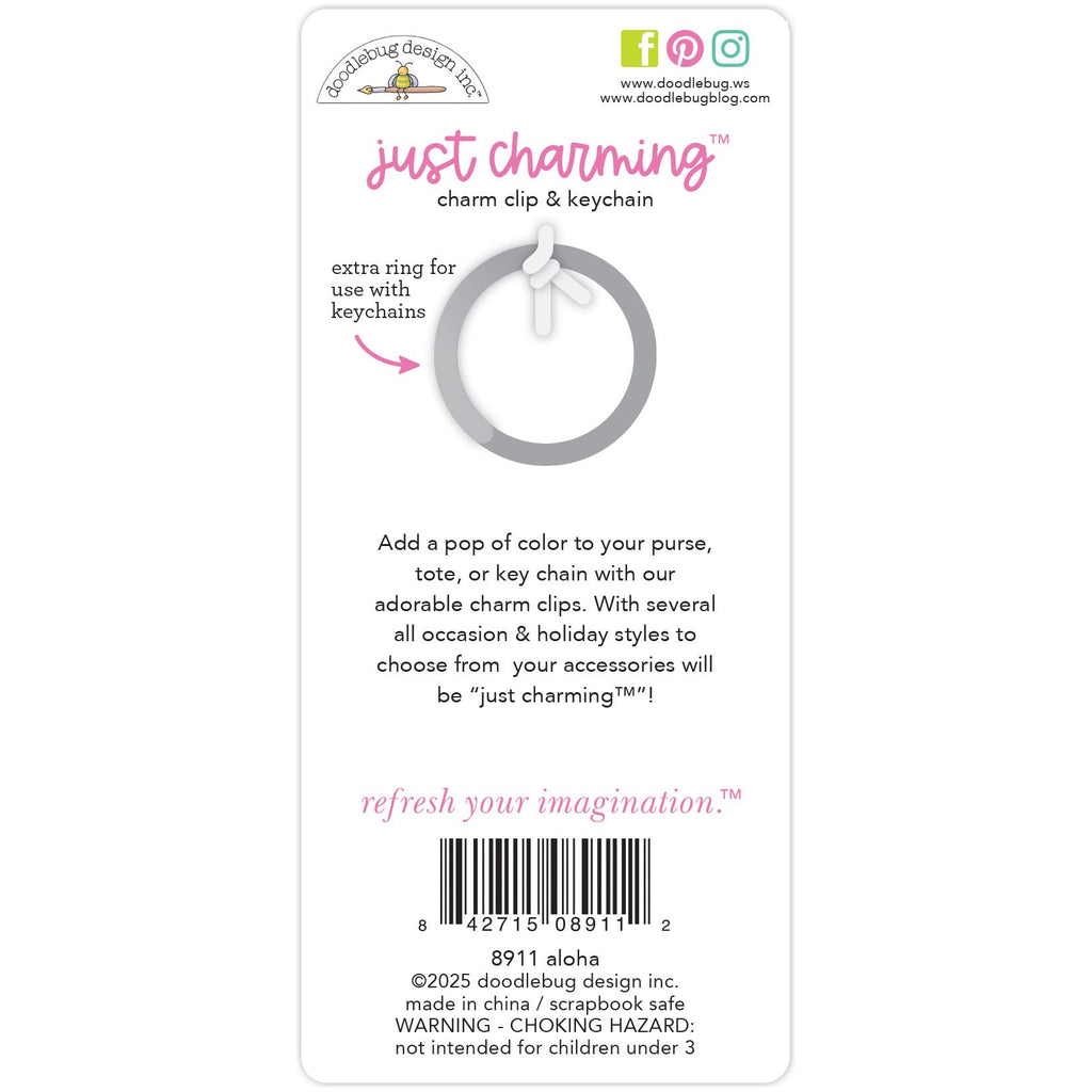 Doodlebug Design charm clip & keychain packaging with text and product image.