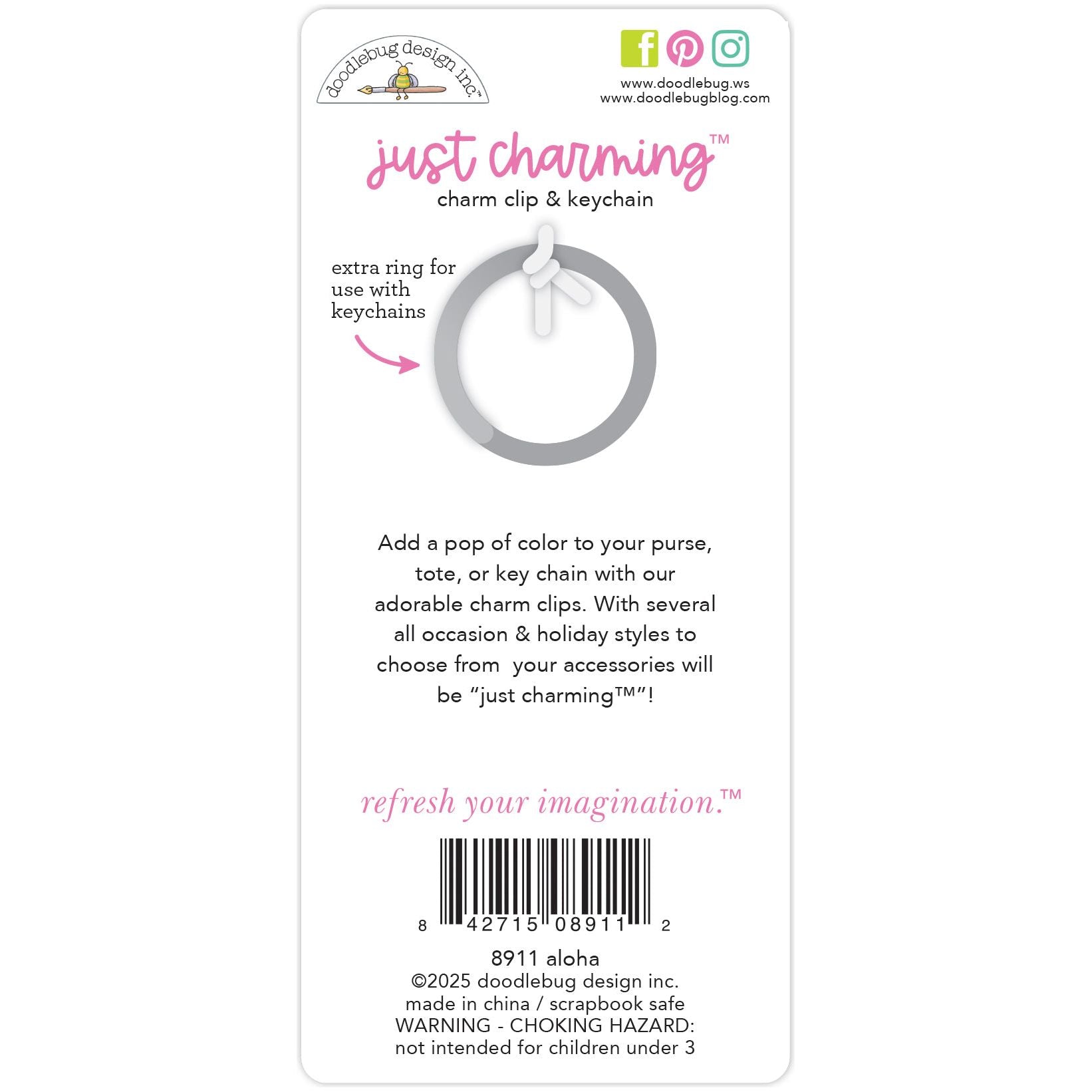 Doodlebug Design charm clip & keychain packaging with text and product image.