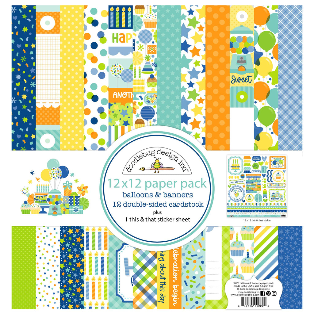 Doodlebug Balloons and Banners 12x12 Inch Paper Pack 9222