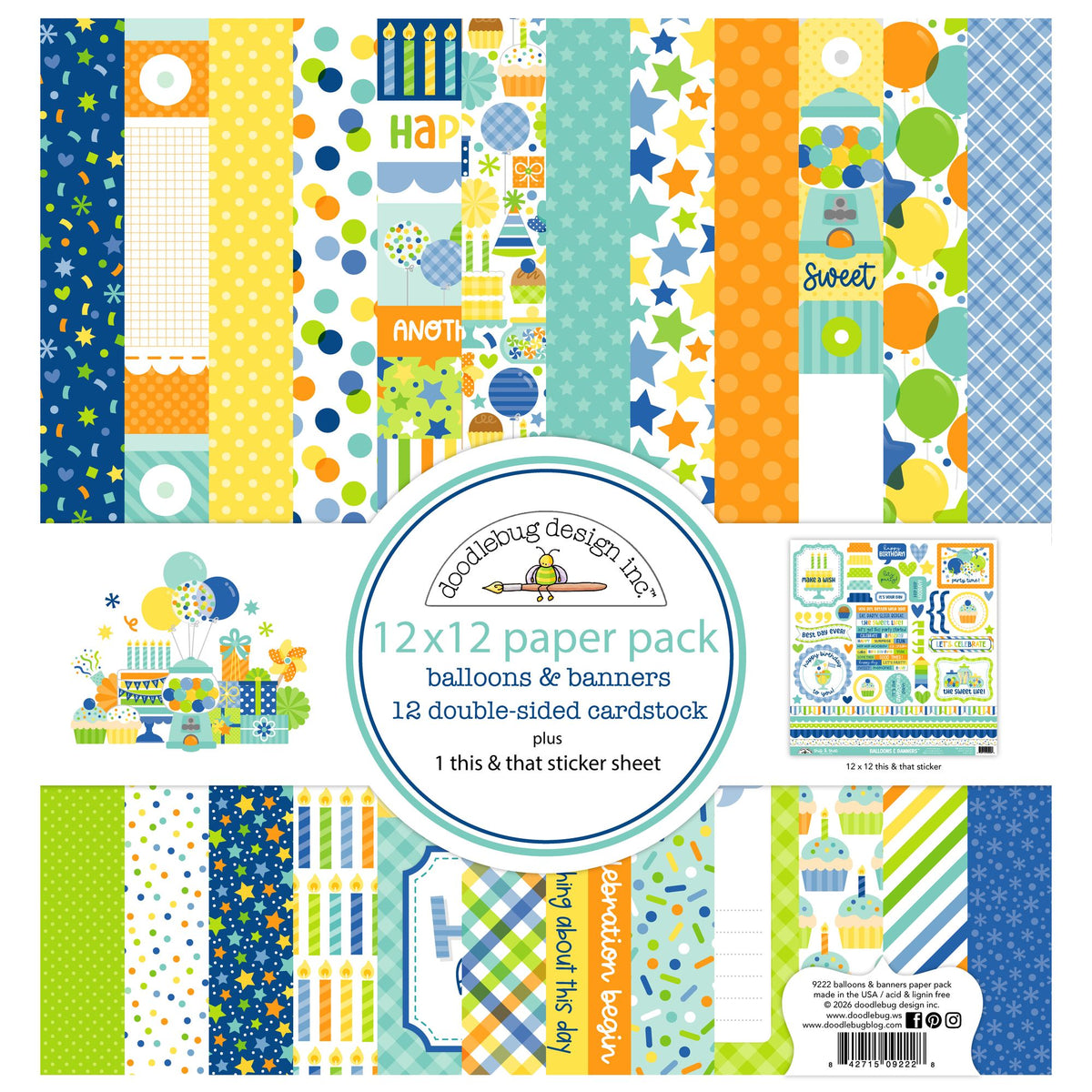 Doodlebug Balloons and Banners 12x12 Inch Paper Pack 9222